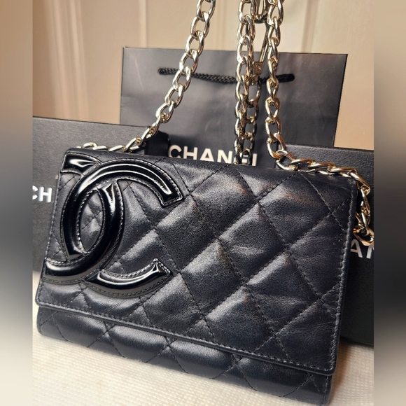 CHANEL Handbags - Chanel calf skin quilted cambon, gussett flap bi-fold wallet. black/pink/silver